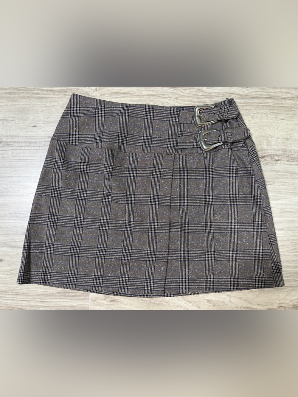 NWOT Express Brown Plaid Mini Skirt with Dual Buckles